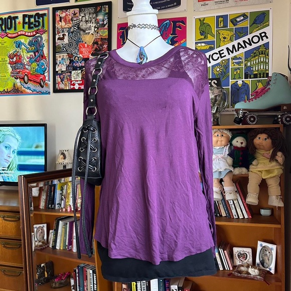 Whimsygoth dark purple lace long sleeve top with lace mesh - Picture 3 of 8